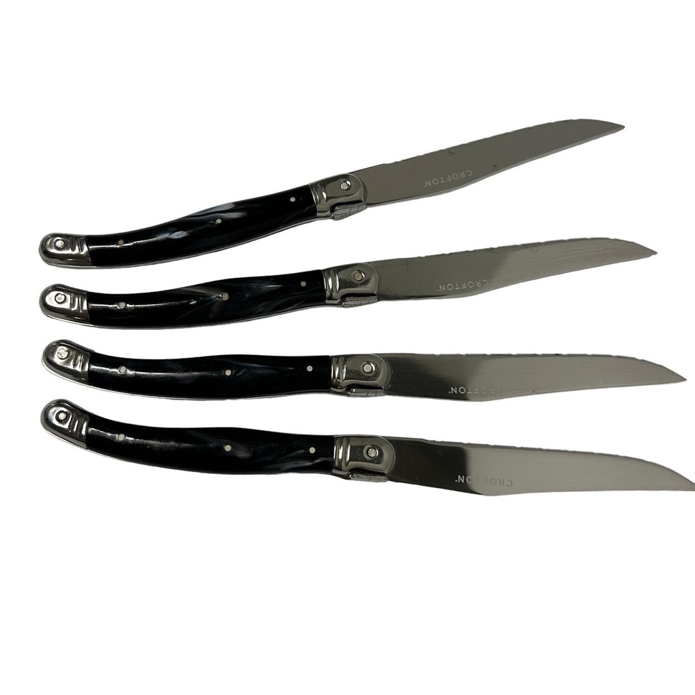 Vintage Crofton Black Marbled Bumble Bee Serrated Steel Steak Knives 9" Set of 4